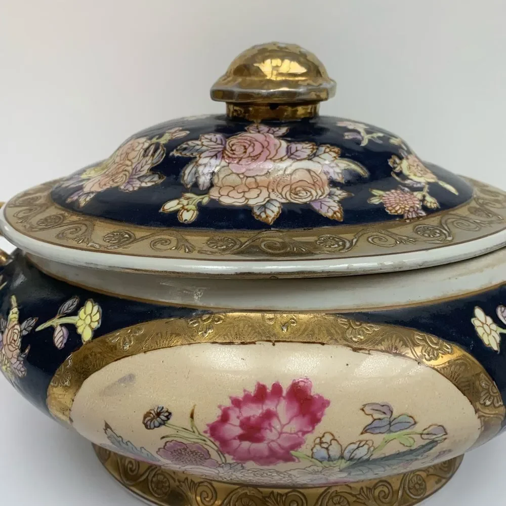 Antique Hand-Painted Porcelain Tureen Chinoiserie Satsuma style Blue Gold Gilt